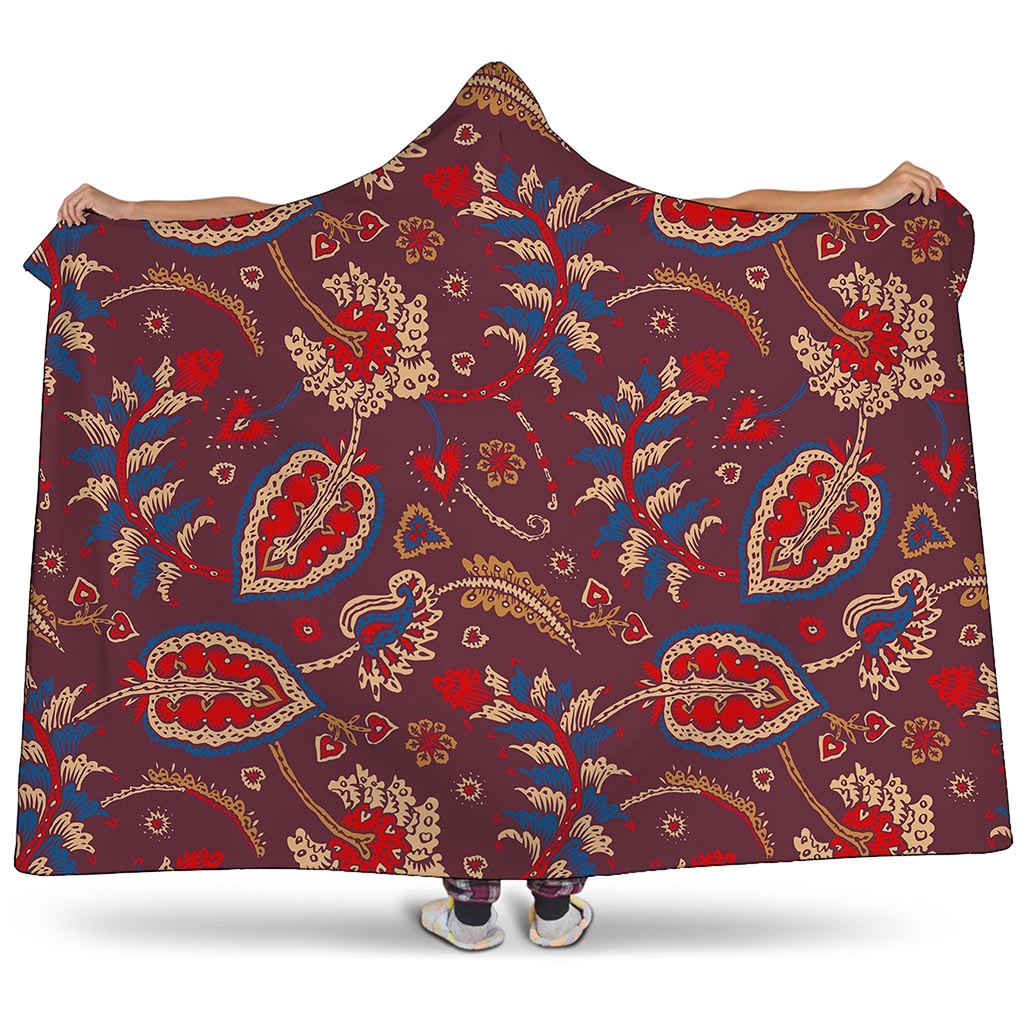 Maroon Vintage Bohemian Floral Print Hooded Blanket