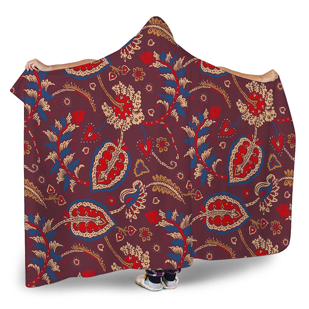 Maroon Vintage Bohemian Floral Print Hooded Blanket