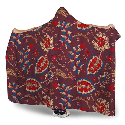 Maroon Vintage Bohemian Floral Print Hooded Blanket
