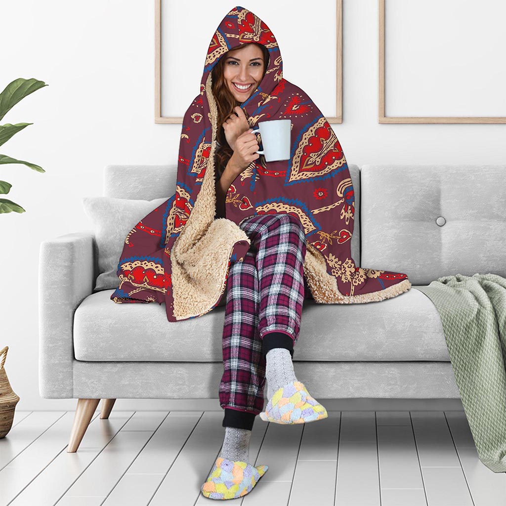 Maroon Vintage Bohemian Floral Print Hooded Blanket