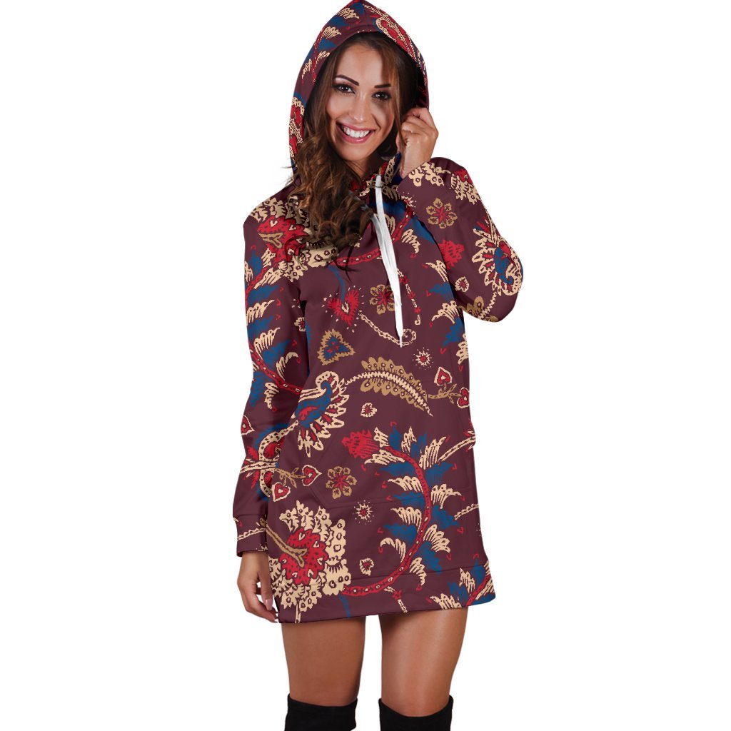 Maroon Vintage Bohemian Floral Print Hoodie Dress GearFrost