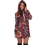 Maroon Vintage Bohemian Floral Print Hoodie Dress GearFrost