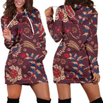 Maroon Vintage Bohemian Floral Print Hoodie Dress GearFrost