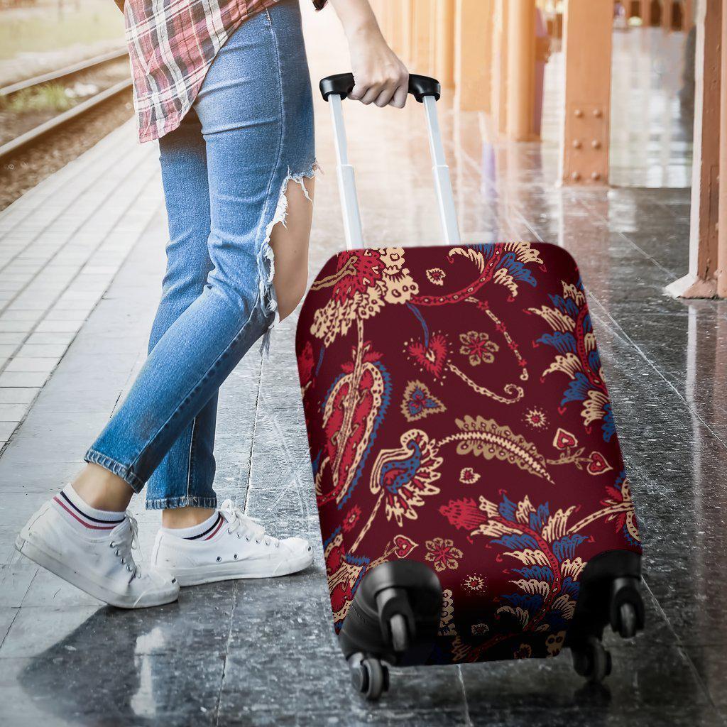 Maroon Vintage Bohemian Floral Print Luggage Cover GearFrost