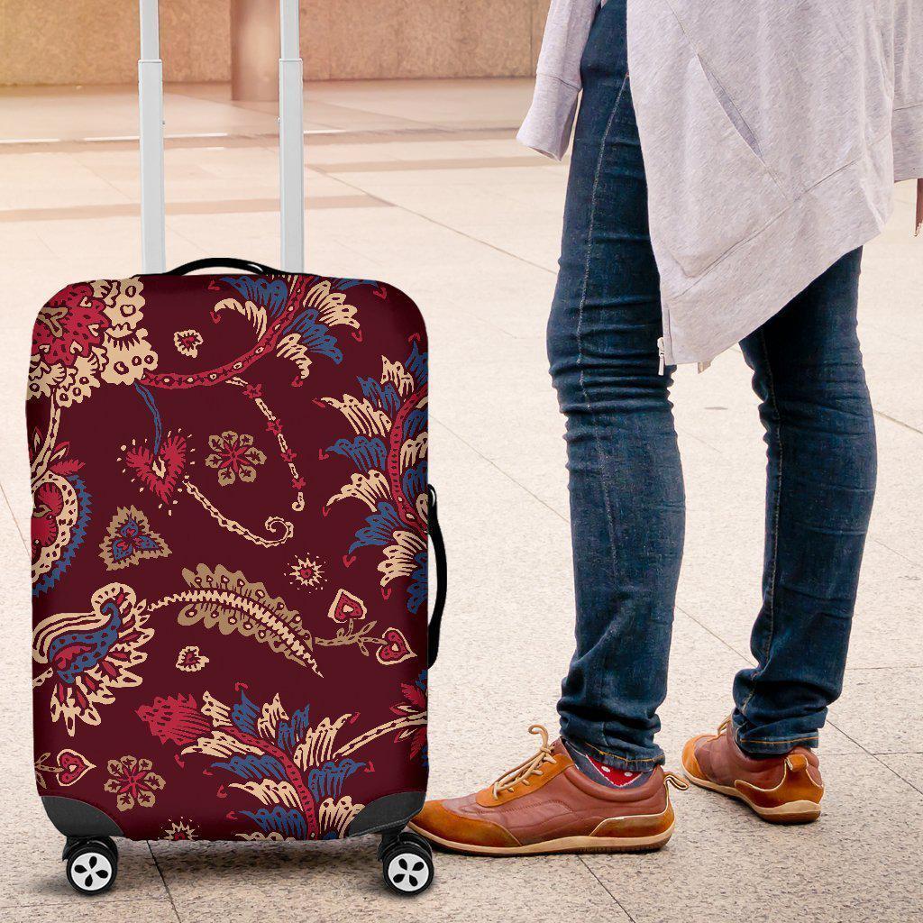 Maroon Vintage Bohemian Floral Print Luggage Cover GearFrost