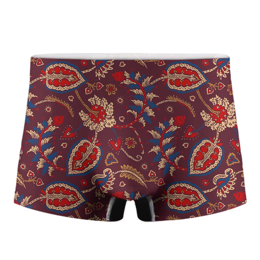 Maroon Vintage Bohemian Floral Print Men's Boxer Briefs