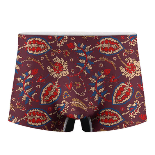 Maroon Vintage Bohemian Floral Print Men's Boxer Briefs