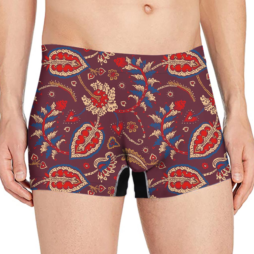 Maroon Vintage Bohemian Floral Print Men's Boxer Briefs