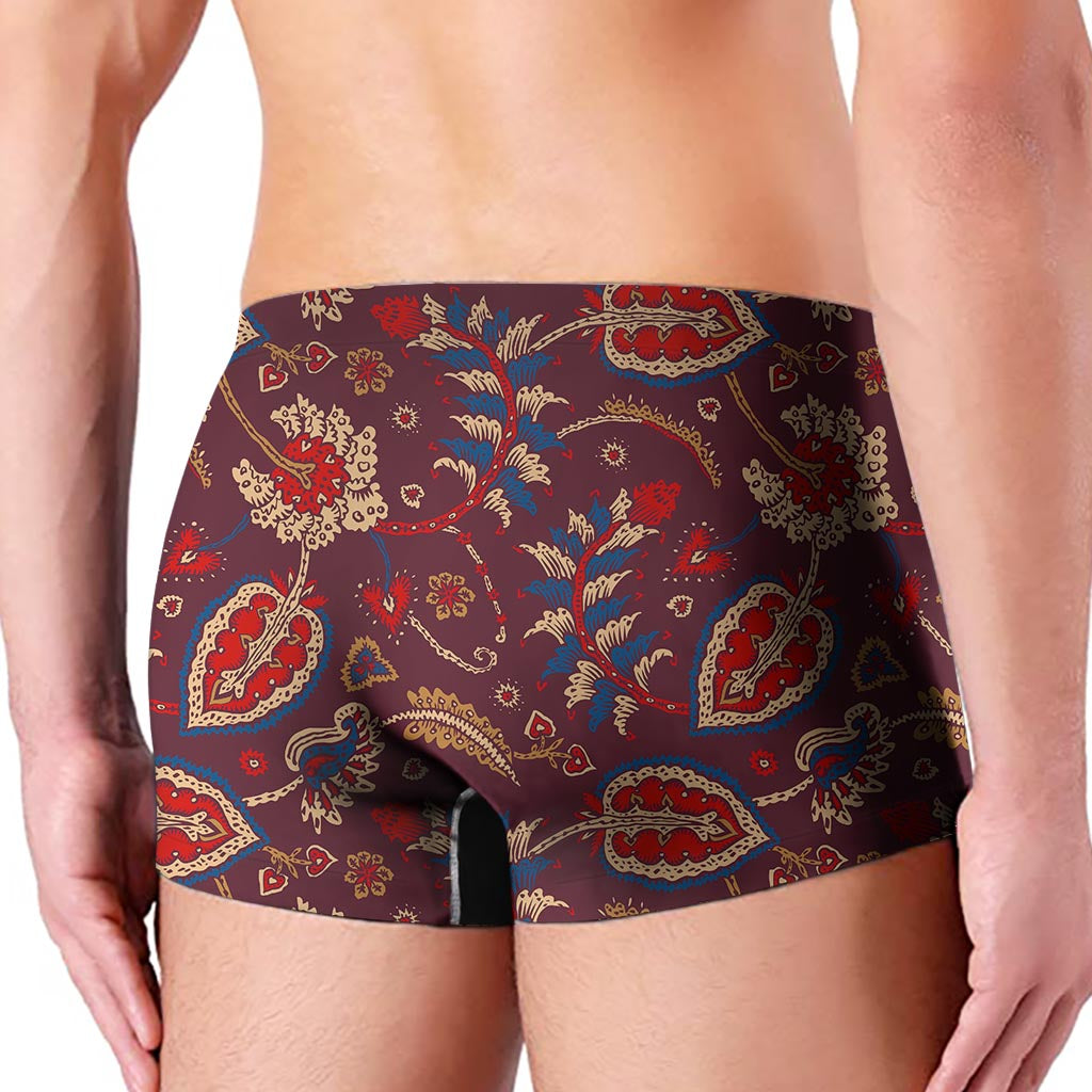Maroon Vintage Bohemian Floral Print Men's Boxer Briefs