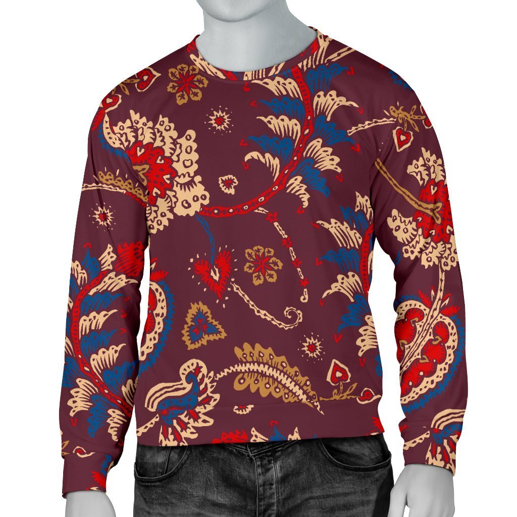 Maroon Vintage Bohemian Floral Print Men's Crewneck Sweatshirt GearFrost