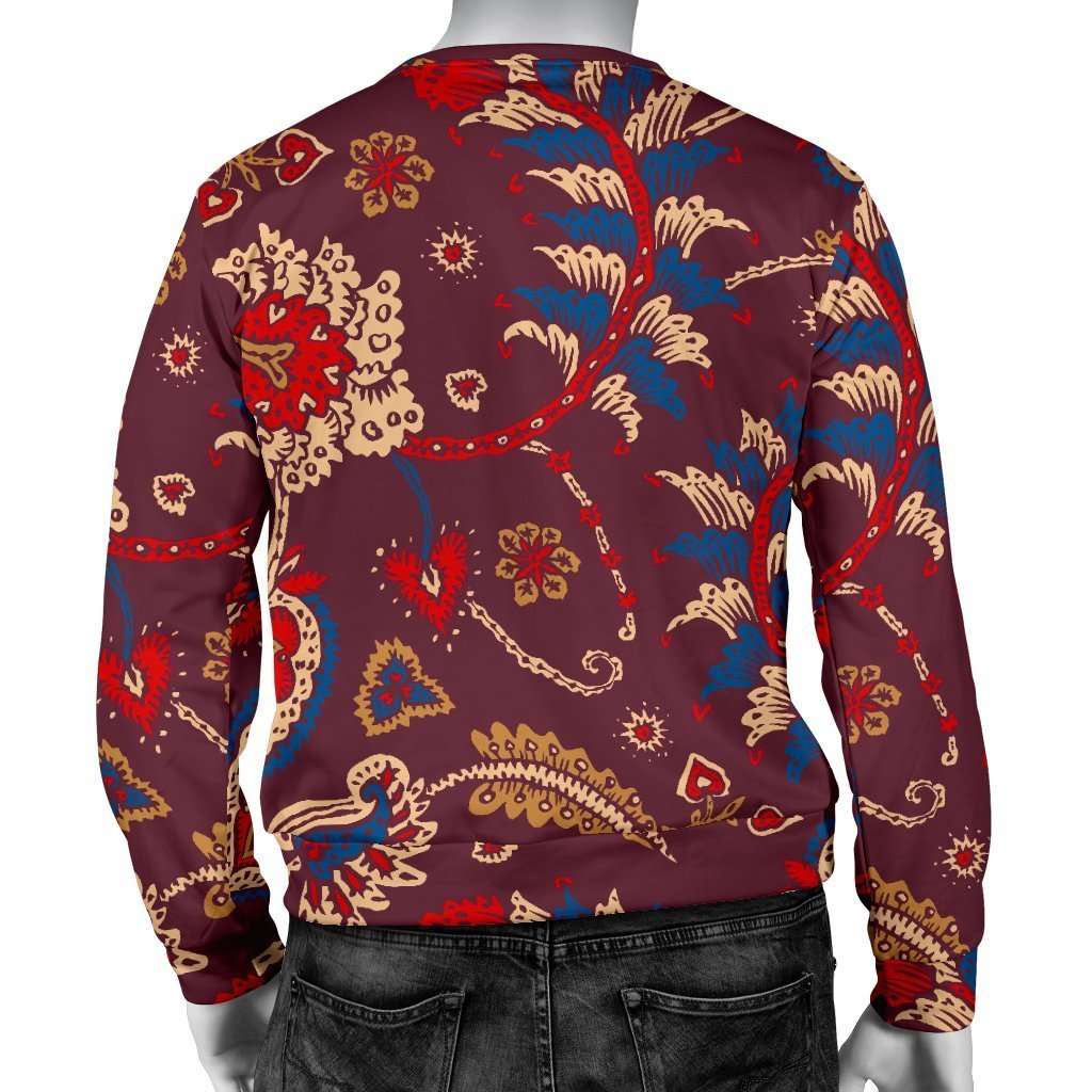 Maroon Vintage Bohemian Floral Print Men's Crewneck Sweatshirt GearFrost