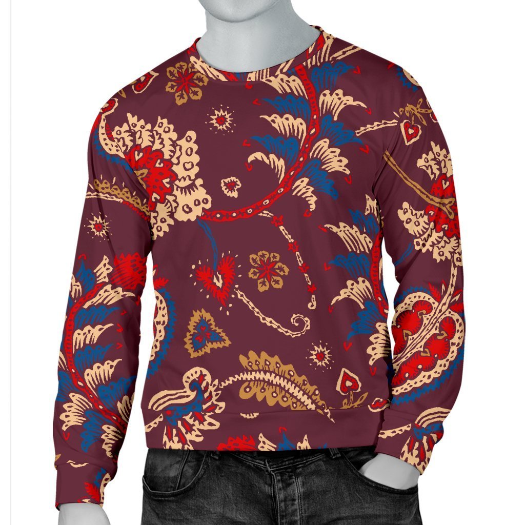 Maroon Vintage Bohemian Floral Print Men's Crewneck Sweatshirt GearFrost