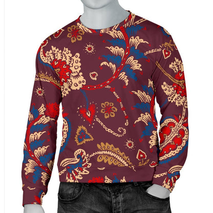 Maroon Vintage Bohemian Floral Print Men's Crewneck Sweatshirt GearFrost