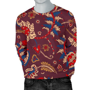 Maroon Vintage Bohemian Floral Print Men's Crewneck Sweatshirt GearFrost
