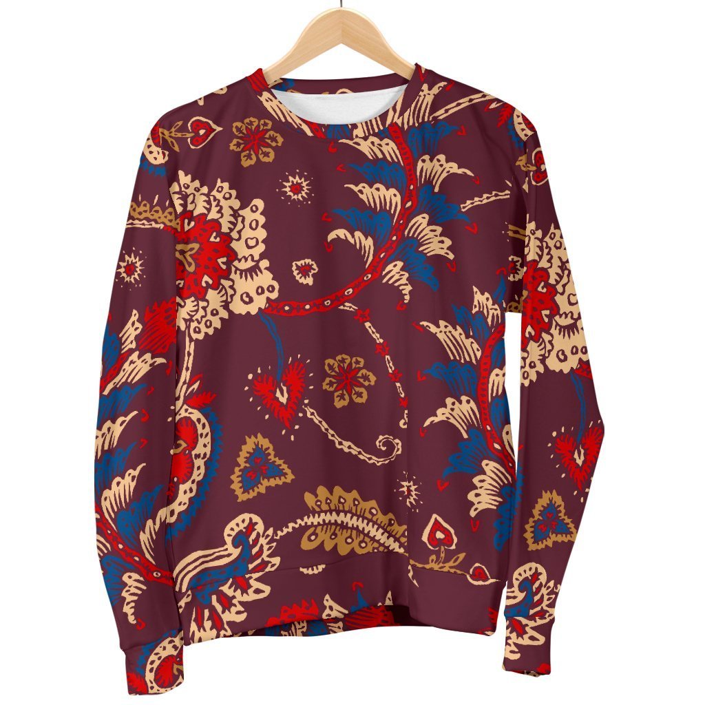 Maroon Vintage Bohemian Floral Print Men's Crewneck Sweatshirt GearFrost