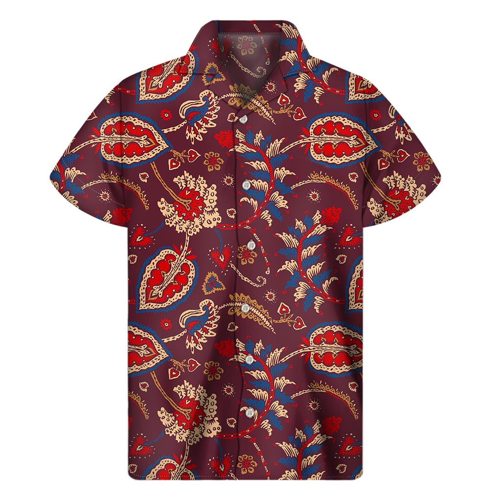 Maroon Vintage Bohemian Floral Print Men's Short Sleeve Shirt