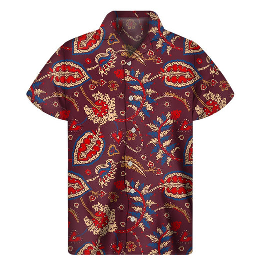 Maroon Vintage Bohemian Floral Print Men's Short Sleeve Shirt