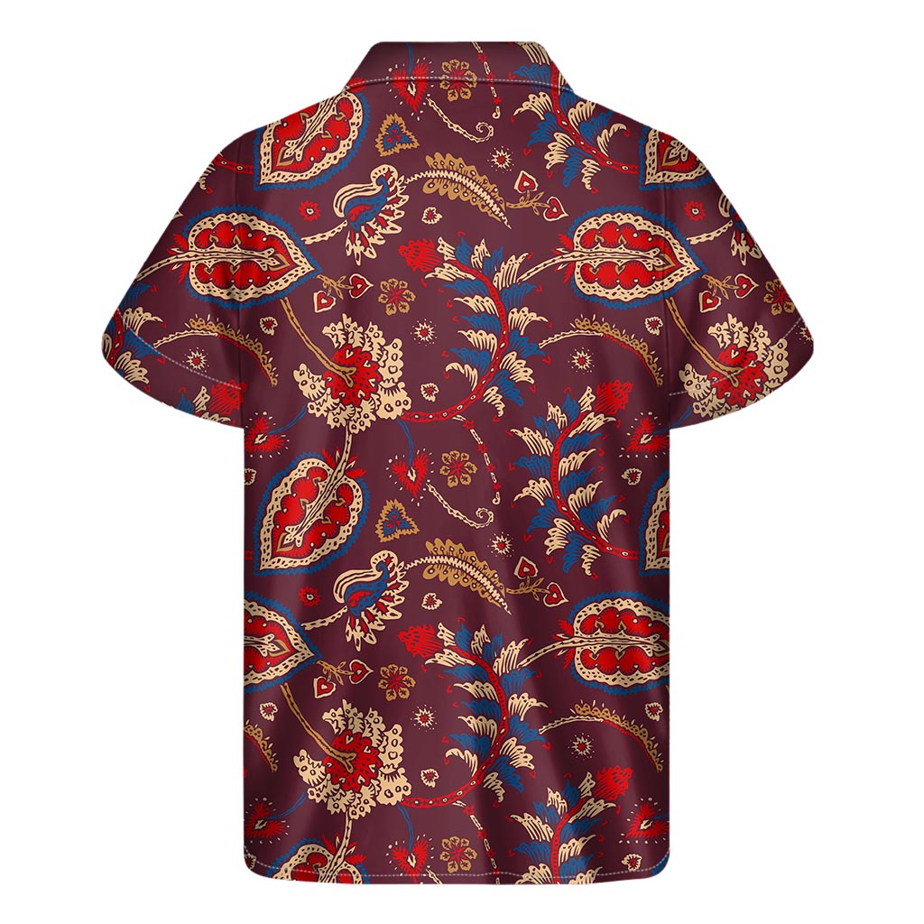 Maroon Vintage Bohemian Floral Print Men's Short Sleeve Shirt