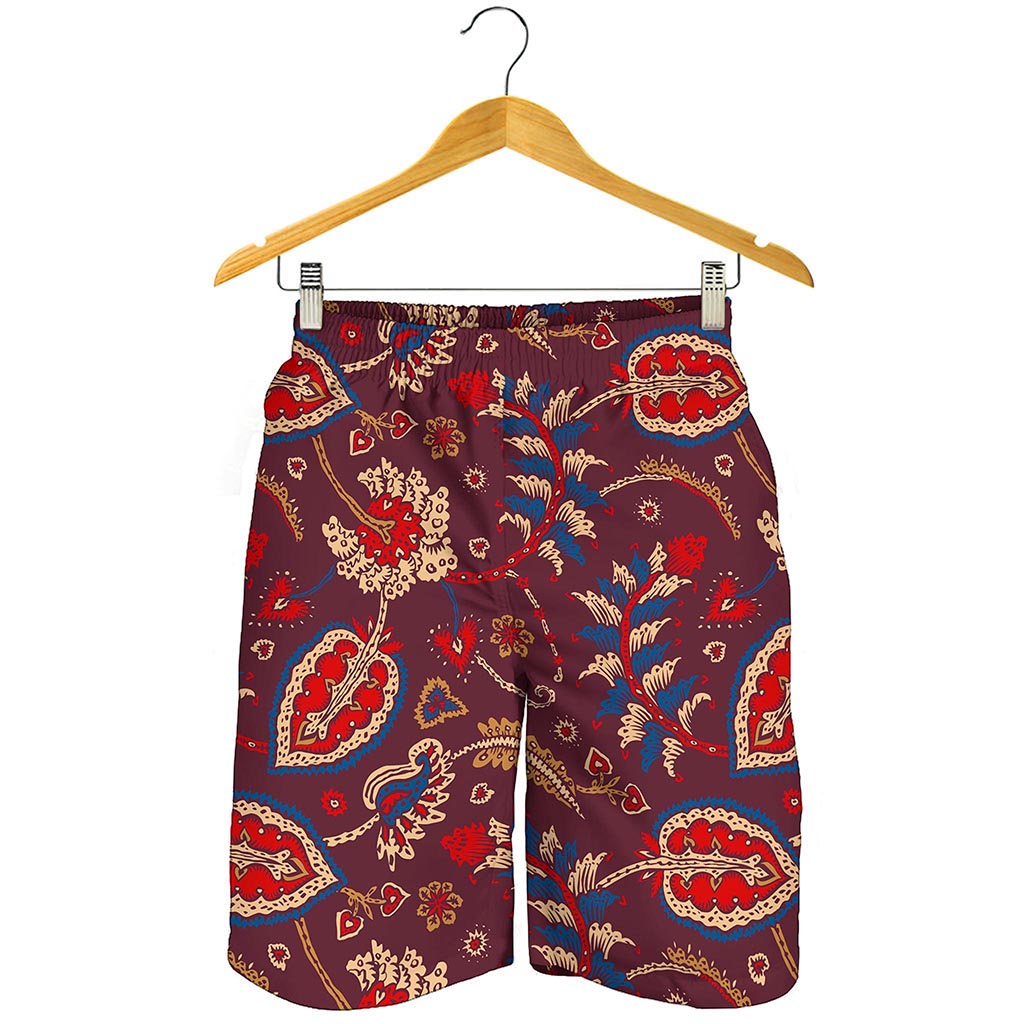 Maroon Vintage Bohemian Floral Print Men's Shorts