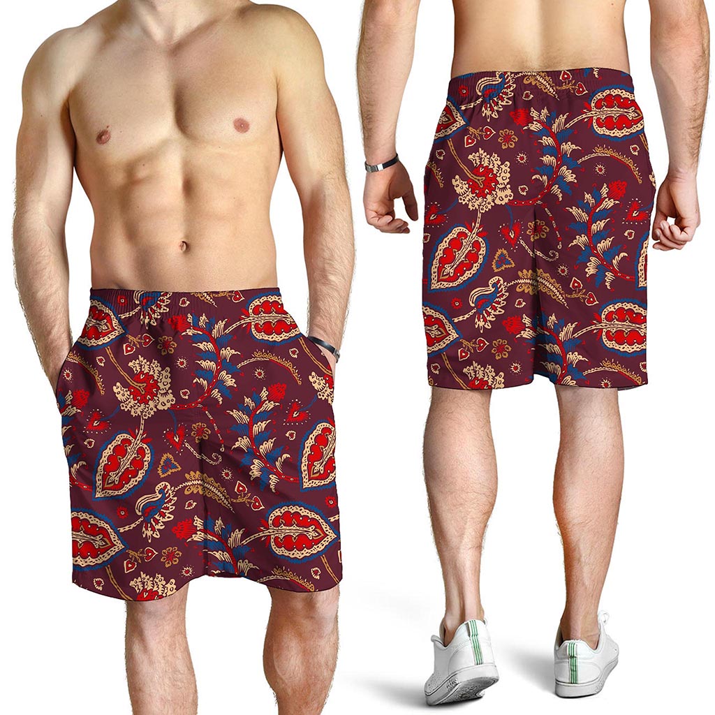 Maroon Vintage Bohemian Floral Print Men's Shorts
