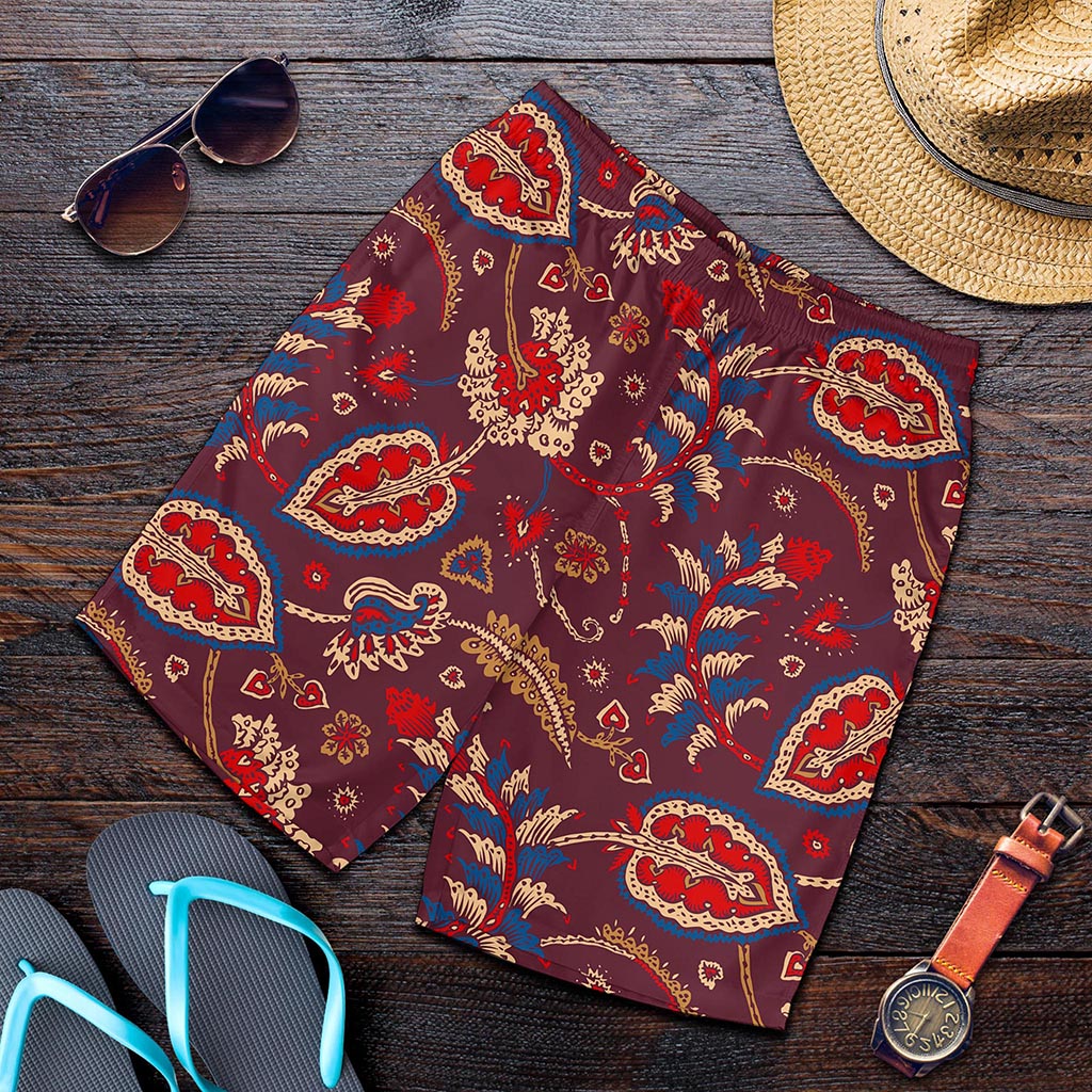 Maroon Vintage Bohemian Floral Print Men's Shorts