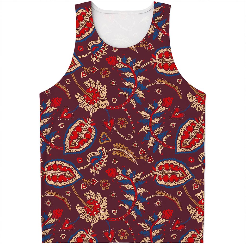 Maroon Vintage Bohemian Floral Print Men's Tank Top