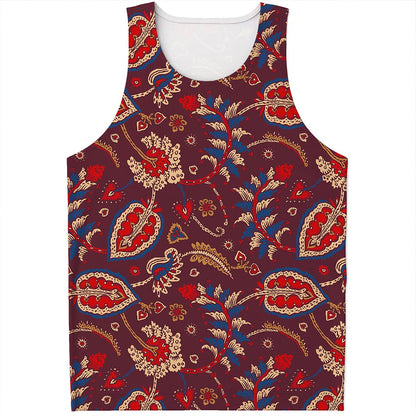 Maroon Vintage Bohemian Floral Print Men's Tank Top