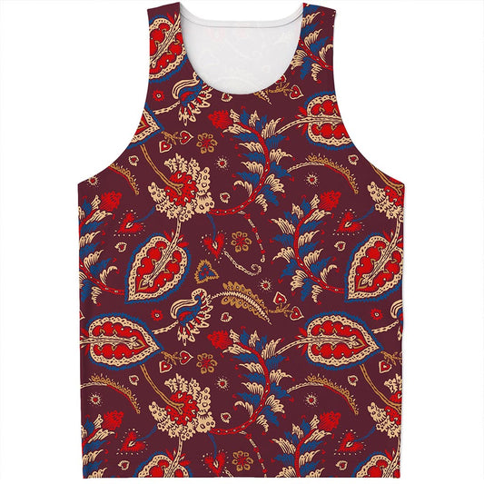 Maroon Vintage Bohemian Floral Print Men's Tank Top