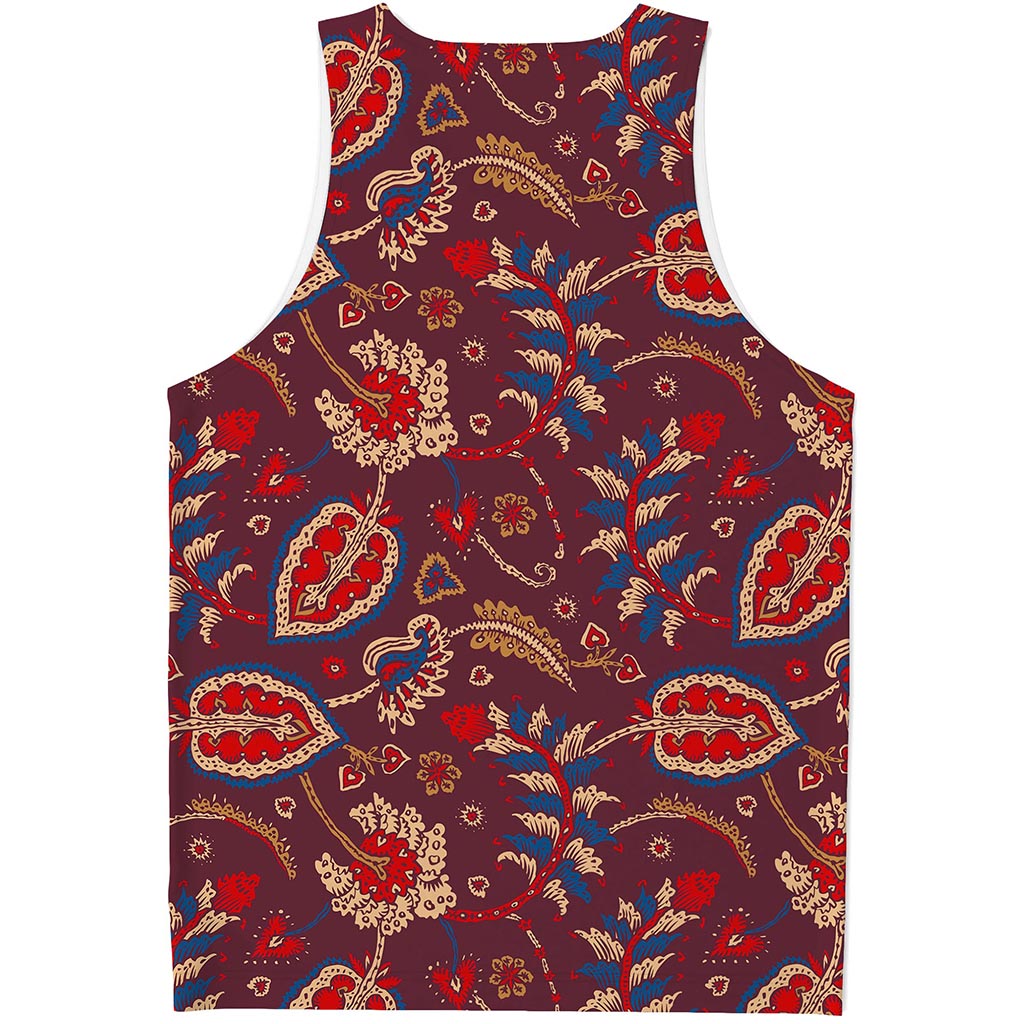 Maroon Vintage Bohemian Floral Print Men's Tank Top