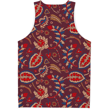 Maroon Vintage Bohemian Floral Print Men's Tank Top