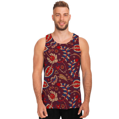 Maroon Vintage Bohemian Floral Print Men's Tank Top