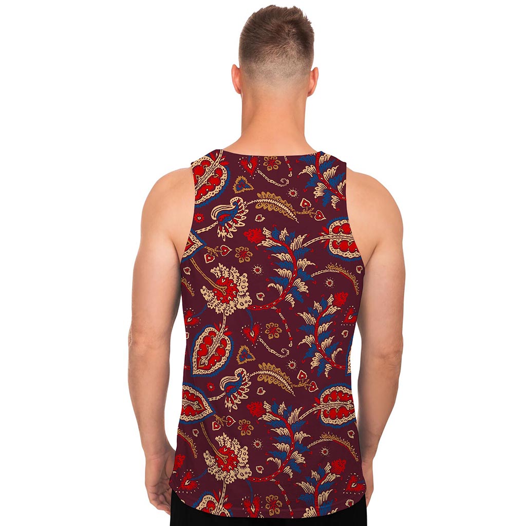 Maroon Vintage Bohemian Floral Print Men's Tank Top