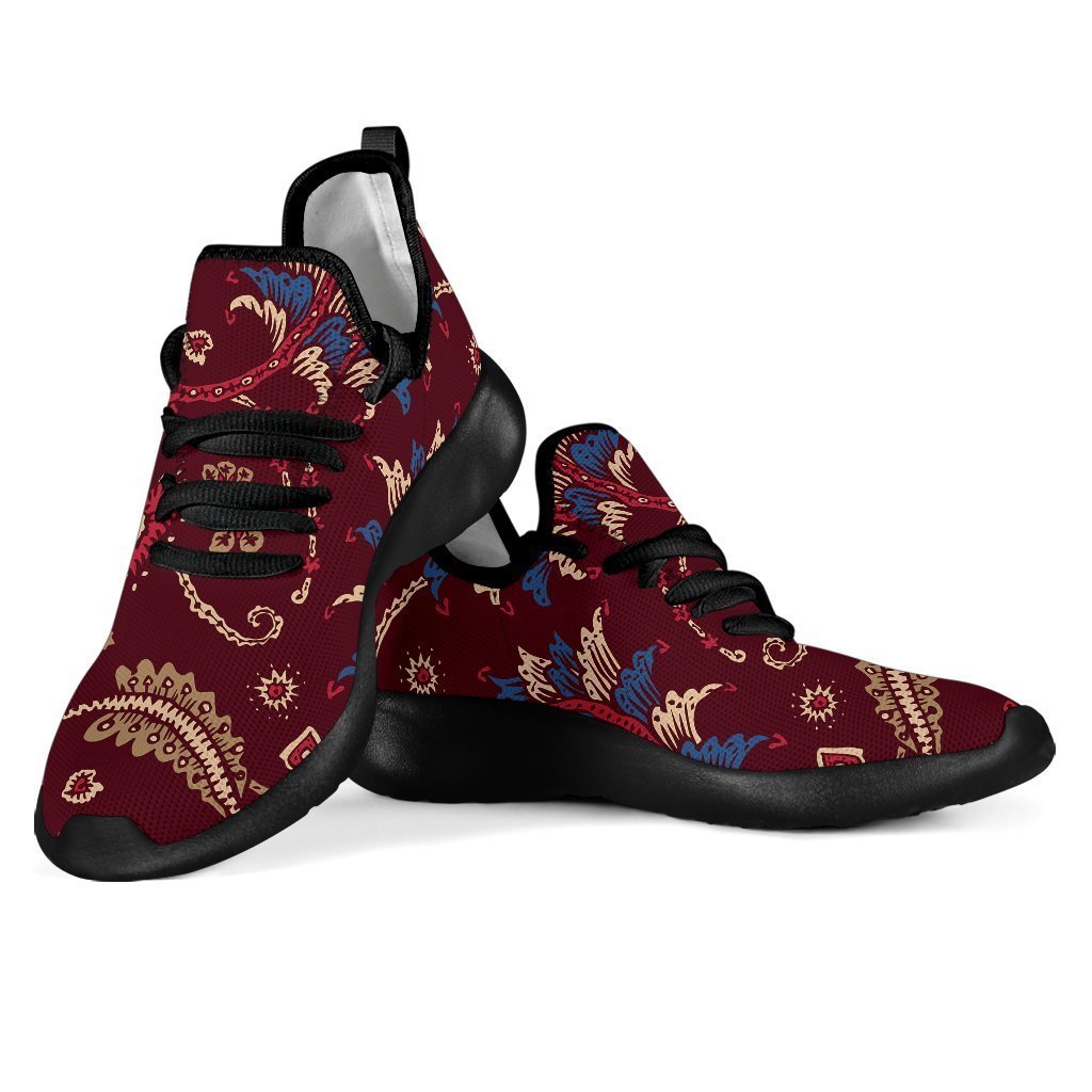 Maroon Vintage Bohemian Floral Print Mesh Knit Shoes GearFrost