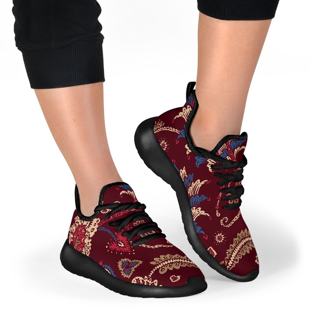 Maroon Vintage Bohemian Floral Print Mesh Knit Shoes GearFrost
