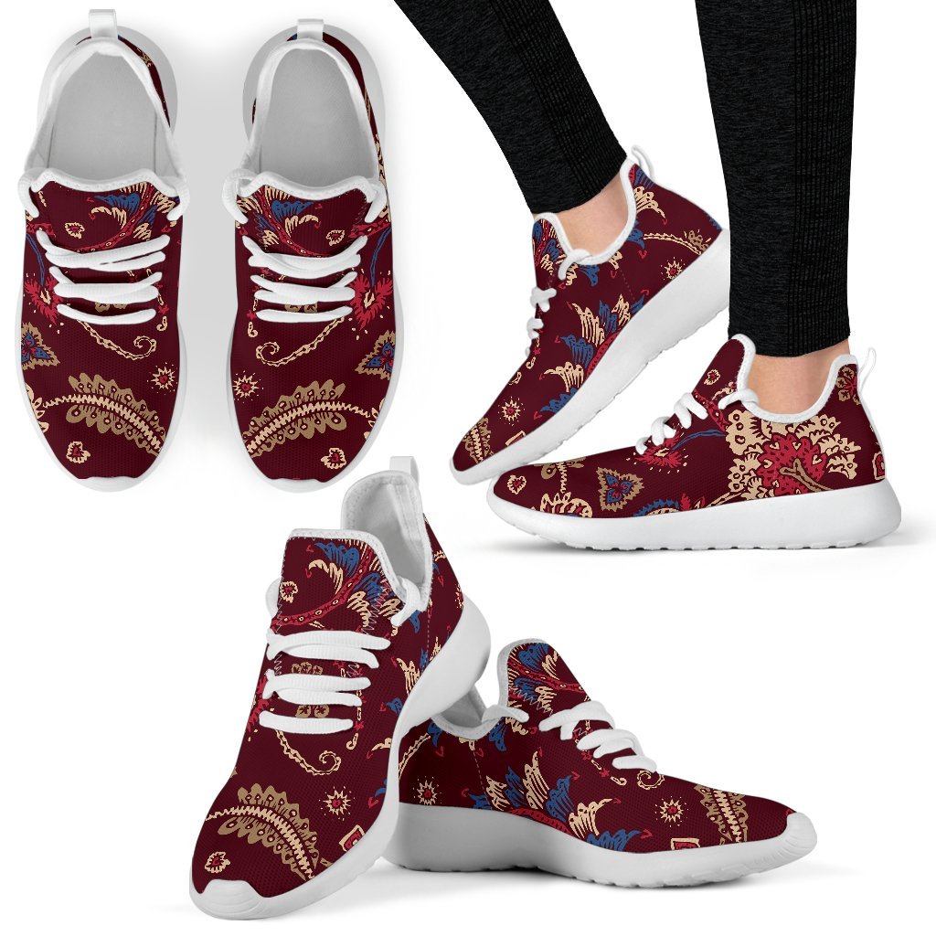 Maroon Vintage Bohemian Floral Print Mesh Knit Shoes GearFrost