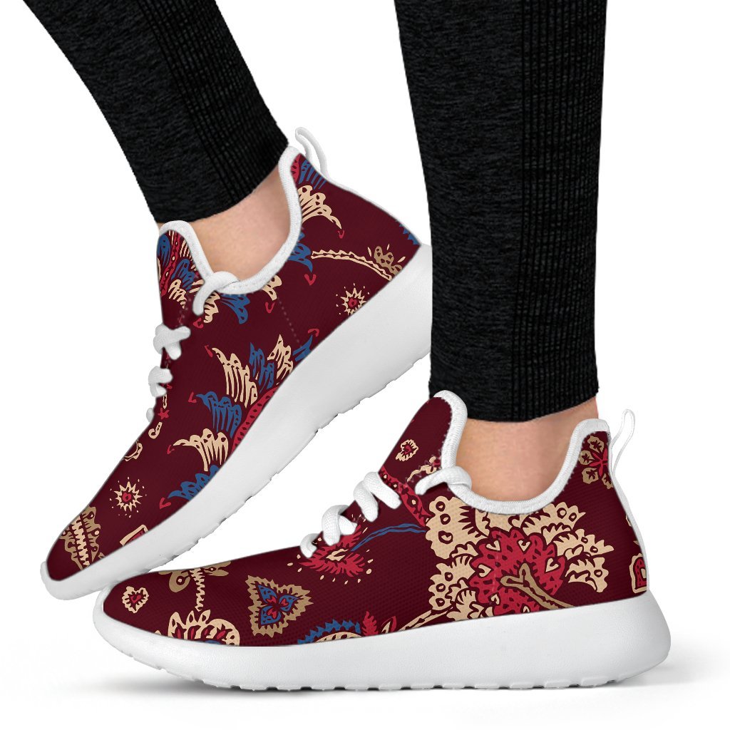 Maroon Vintage Bohemian Floral Print Mesh Knit Shoes GearFrost