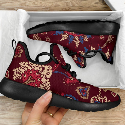 Maroon Vintage Bohemian Floral Print Mesh Knit Shoes GearFrost