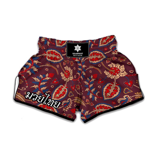 Maroon Vintage Bohemian Floral Print Muay Thai Boxing Shorts