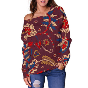 Maroon Vintage Bohemian Floral Print Off Shoulder Sweatshirt GearFrost