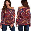 Maroon Vintage Bohemian Floral Print Off The Shoulder Sweatshirt