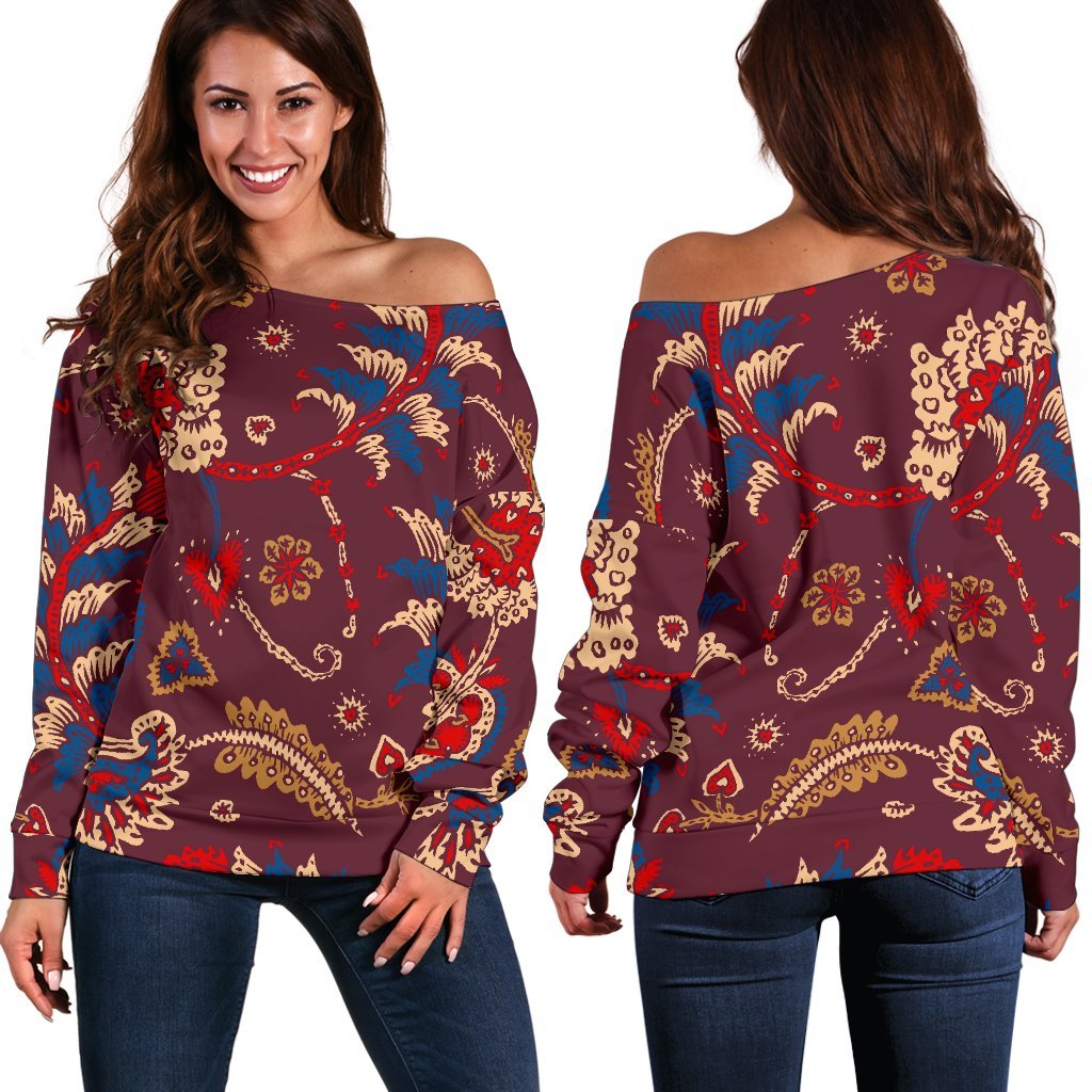 Maroon Vintage Bohemian Floral Print Off Shoulder Sweatshirt GearFrost