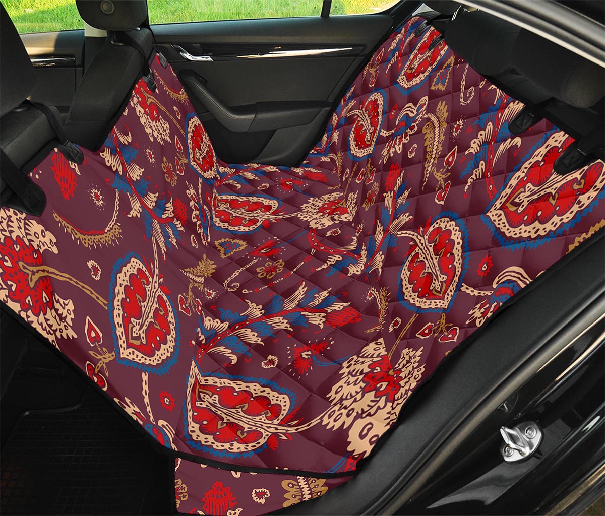 Maroon Vintage Bohemian Floral Print Pet Car Back Seat Cover