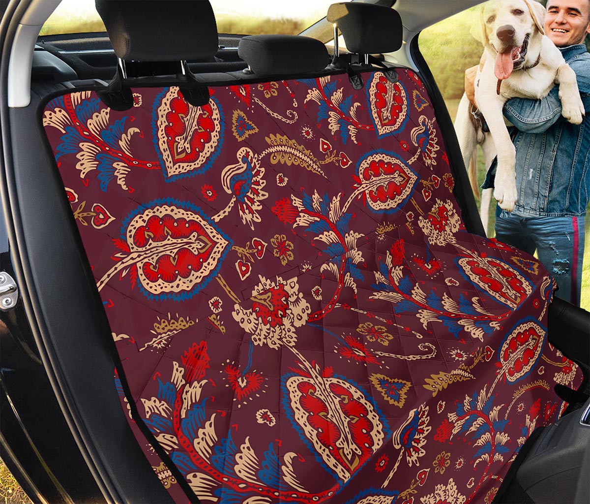 Maroon Vintage Bohemian Floral Print Pet Car Back Seat Cover