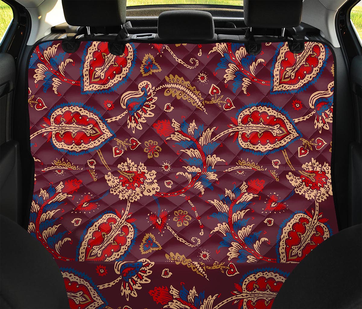Maroon Vintage Bohemian Floral Print Pet Car Back Seat Cover