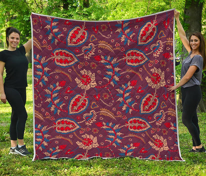 Maroon Vintage Bohemian Floral Print Quilt