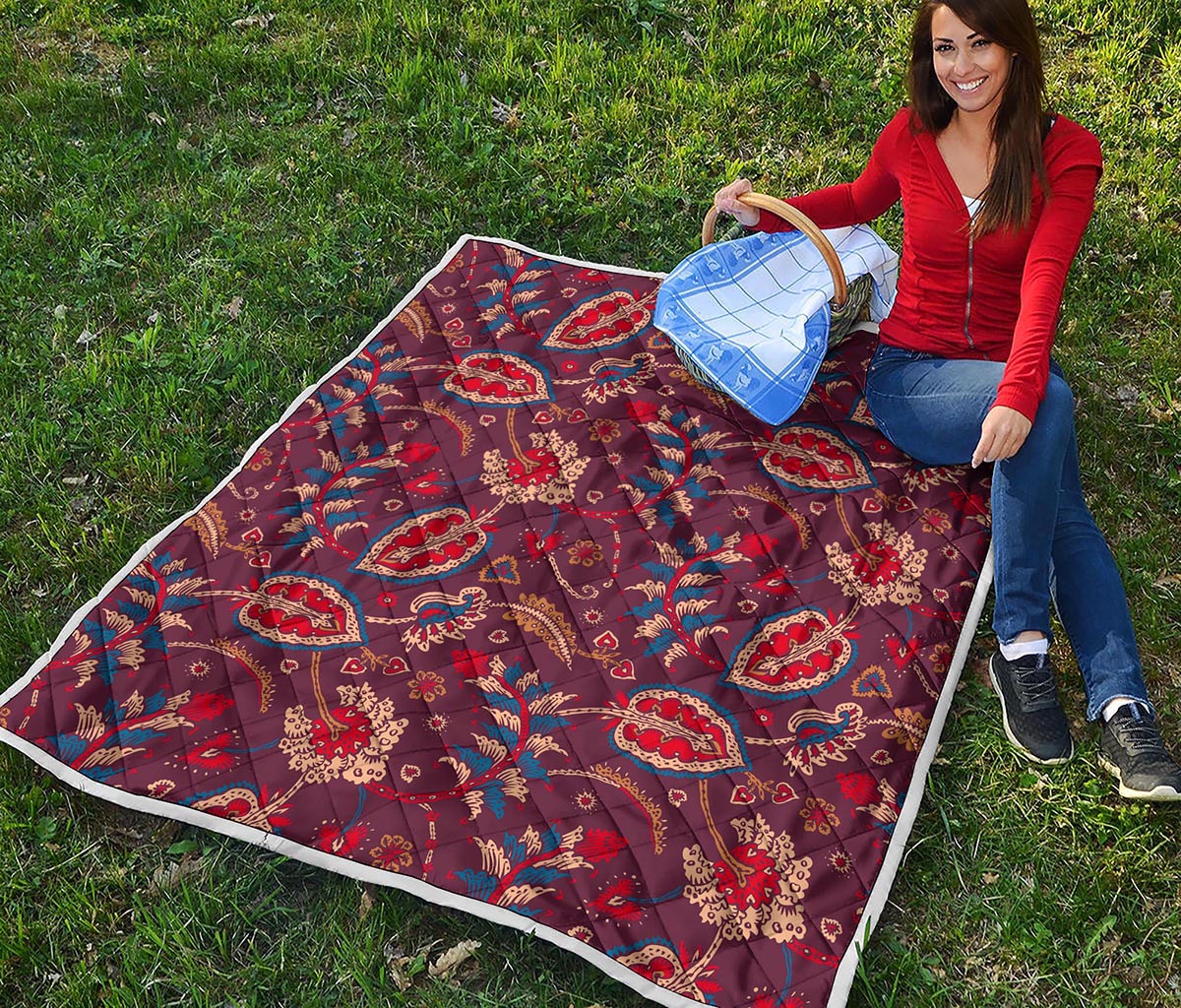 Maroon Vintage Bohemian Floral Print Quilt