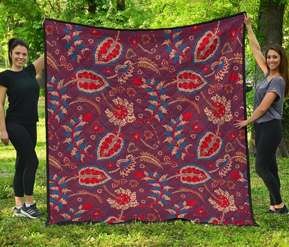 Maroon Vintage Bohemian Floral Print Quilt