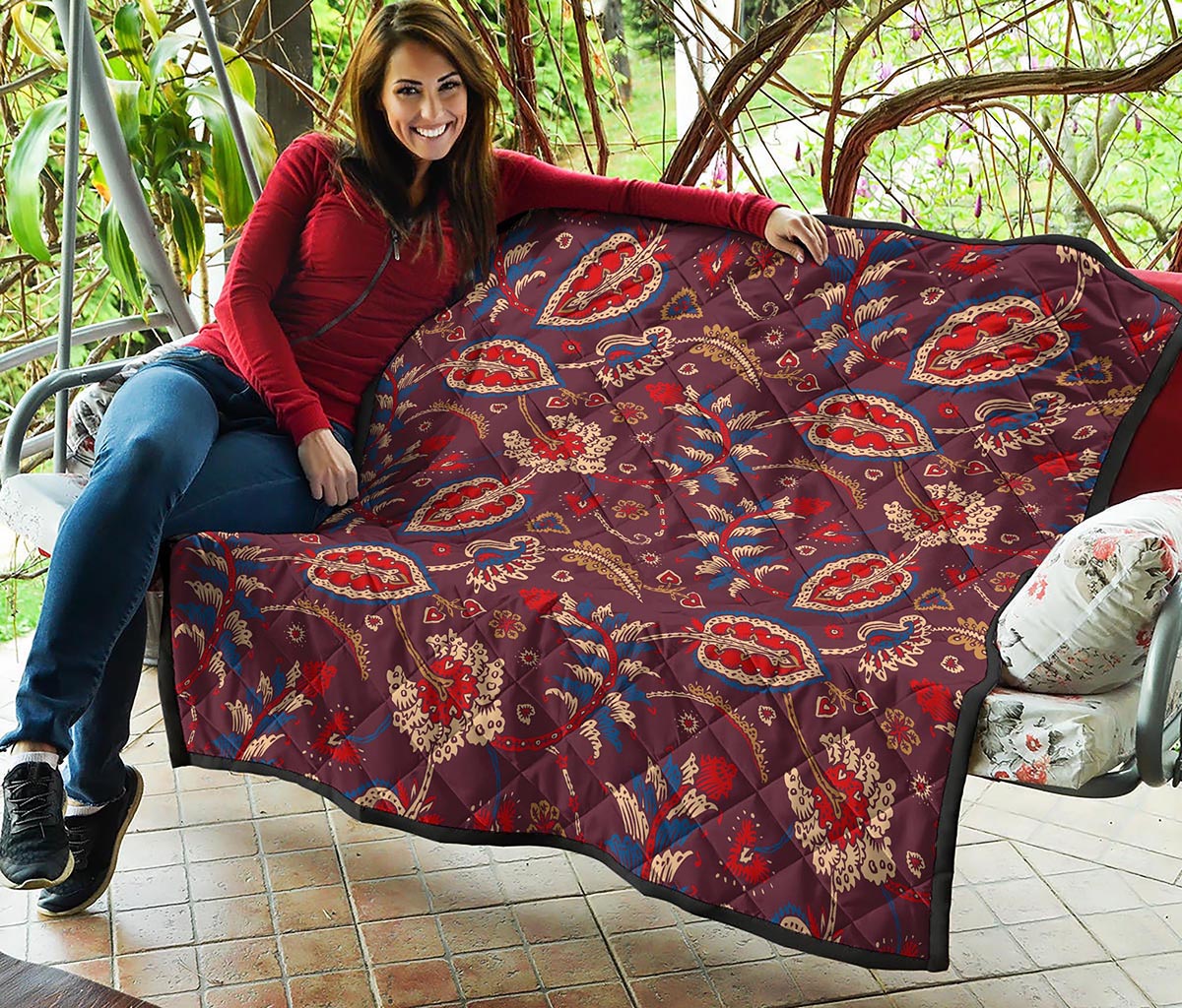 Maroon Vintage Bohemian Floral Print Quilt