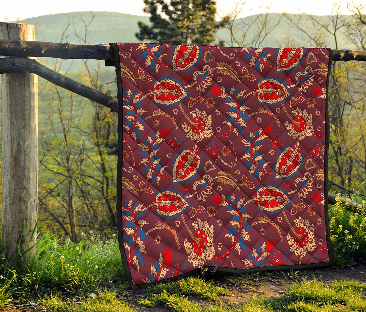Maroon Vintage Bohemian Floral Print Quilt