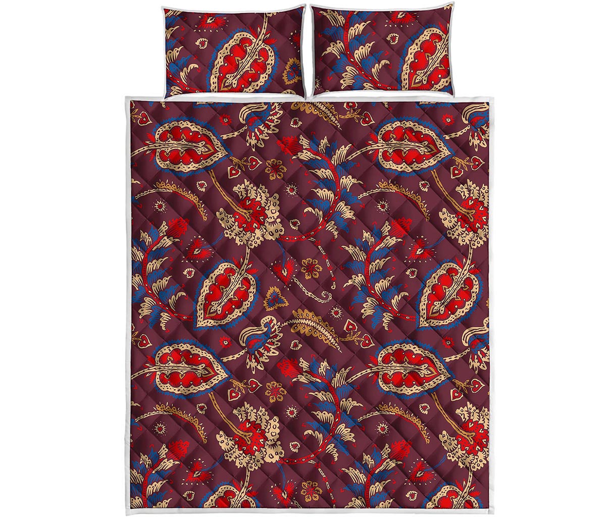 Maroon Vintage Bohemian Floral Print Quilt Bed Set